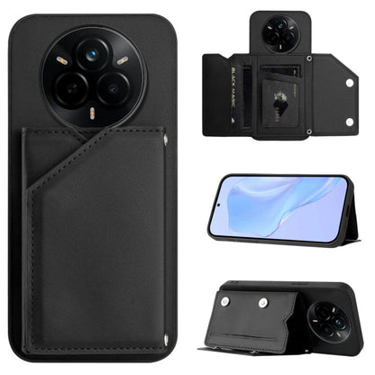 Dark gray black leather-style phone case with four card slots and wrist strap, wallet flip cover