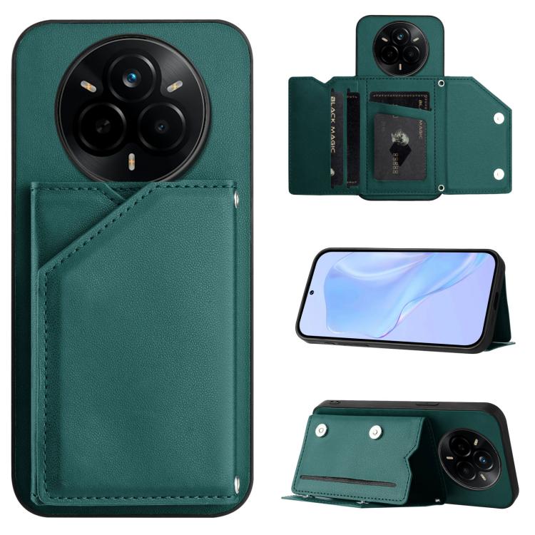 Green phone case with four card slots and wrist strap, wallet-style flip cover