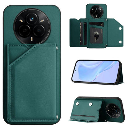 Green phone case with four card slots and wrist strap, wallet-style flip cover
