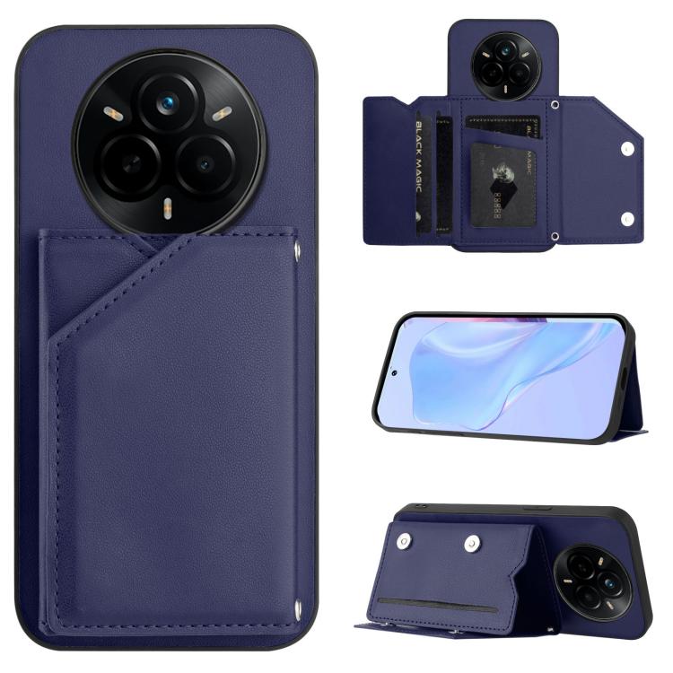 Dark blue phone case with four card slots and wrist strap, wallet-style flip cover