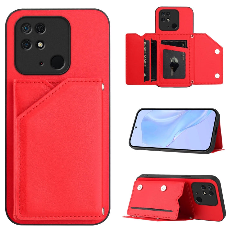 Red leather-look phone case with four card slots and wrist strap