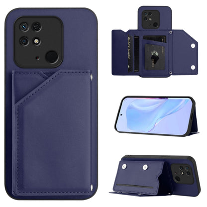 Blue leather-look phone case with four card slots and wrist strap, card holder