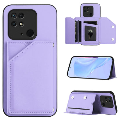 Purple leather-look phone case with four card slots and wrist strap, card holder