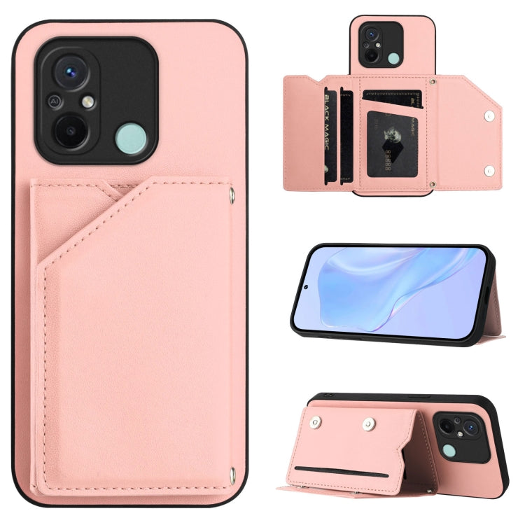 Leather-style phone case with wrist strap and four card slots, blush pink
