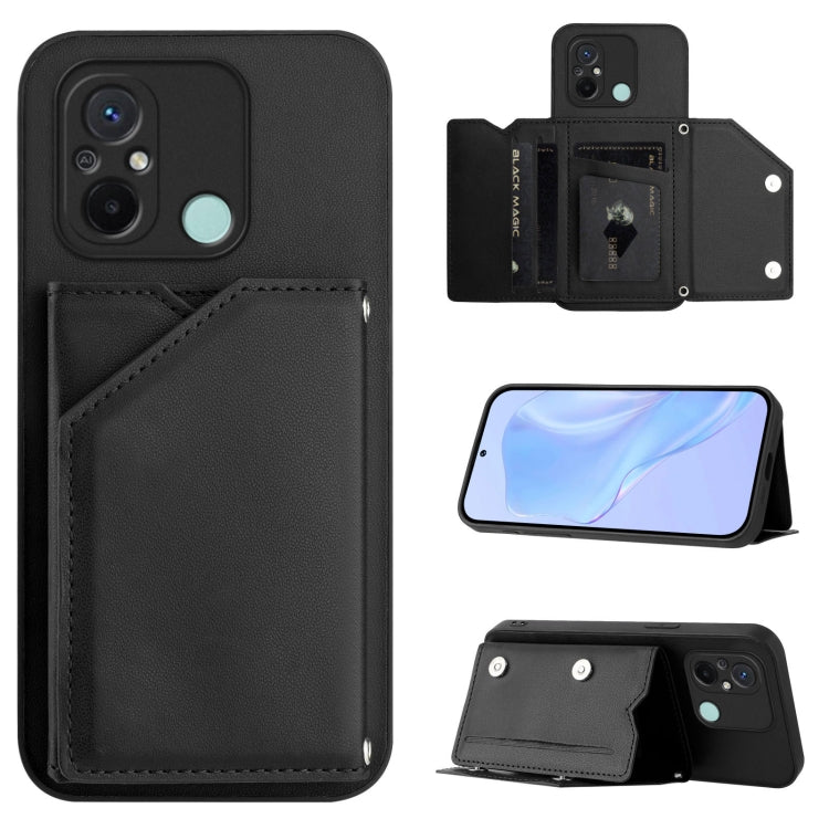 Leather-style phone case with wrist strap and four card slots, dark gray black