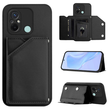 Leather-style phone case with wrist strap and four card slots, dark gray black