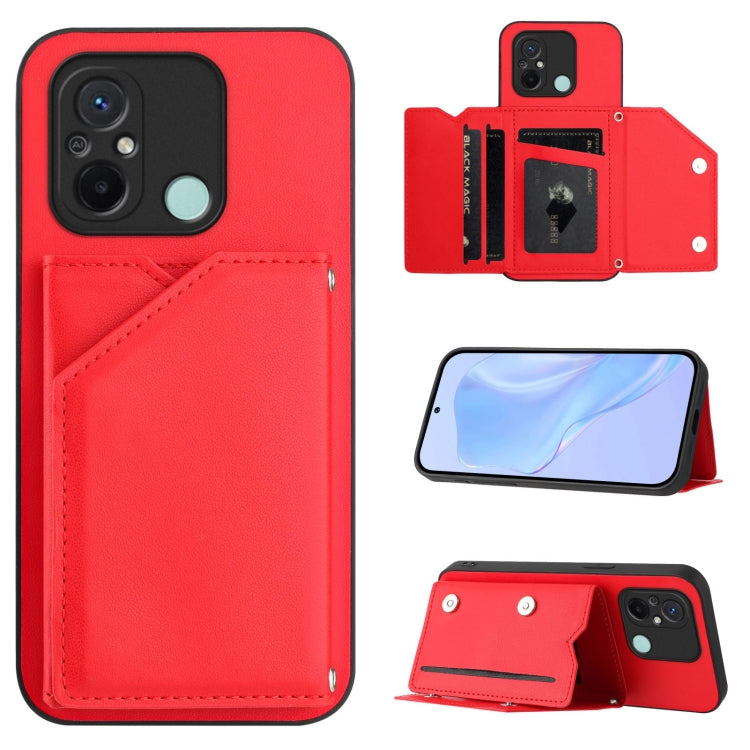 Leather-style phone case with wrist strap and four card slots, bright red