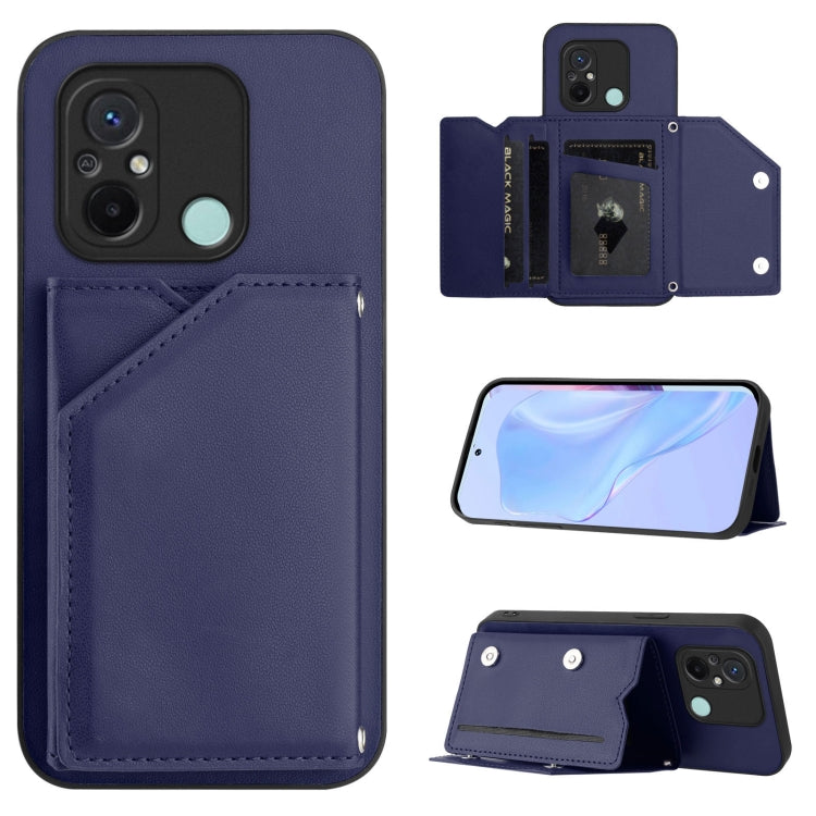 Blue leather-look phone case with four card slots and wrist strap