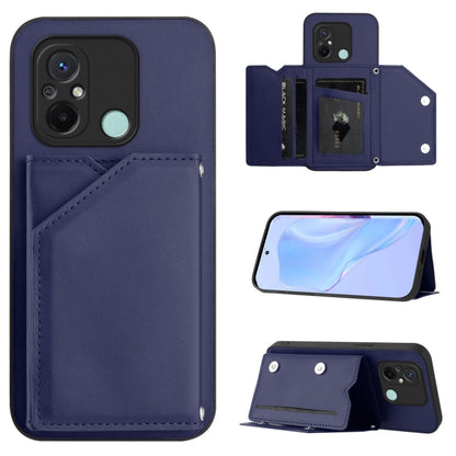 Blue leather-look phone case with four card slots and wrist strap