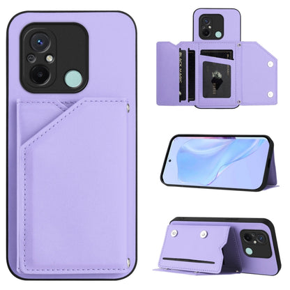Purple leather-look phone case with four card slots and wrist strap