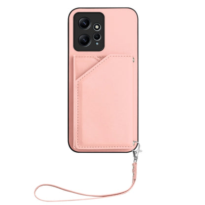 Pink leather-style phone case with wrist strap, front camera cutouts, and card holder panel
