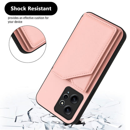 Pink wallet phone case with card slot panel and shock-resistant design, includes camera openings