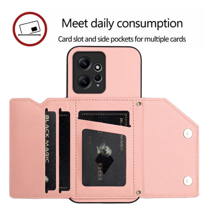 Pink phone wallet case with card slots and side pockets, snap buttons, and camera opening