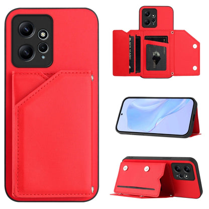 Red phone wallet case with four card slots and wrist strap, includes camera openings and stand