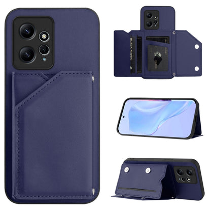 Blue phone case with four card slots and wrist strap, folio wallet design