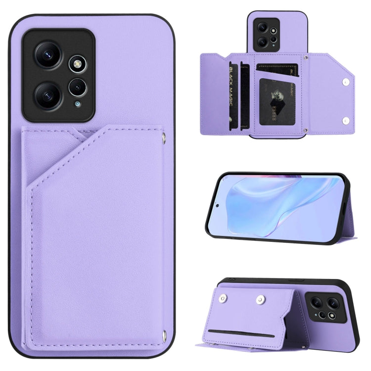 Lavender phone case with four card slots and wrist strap, folio wallet design