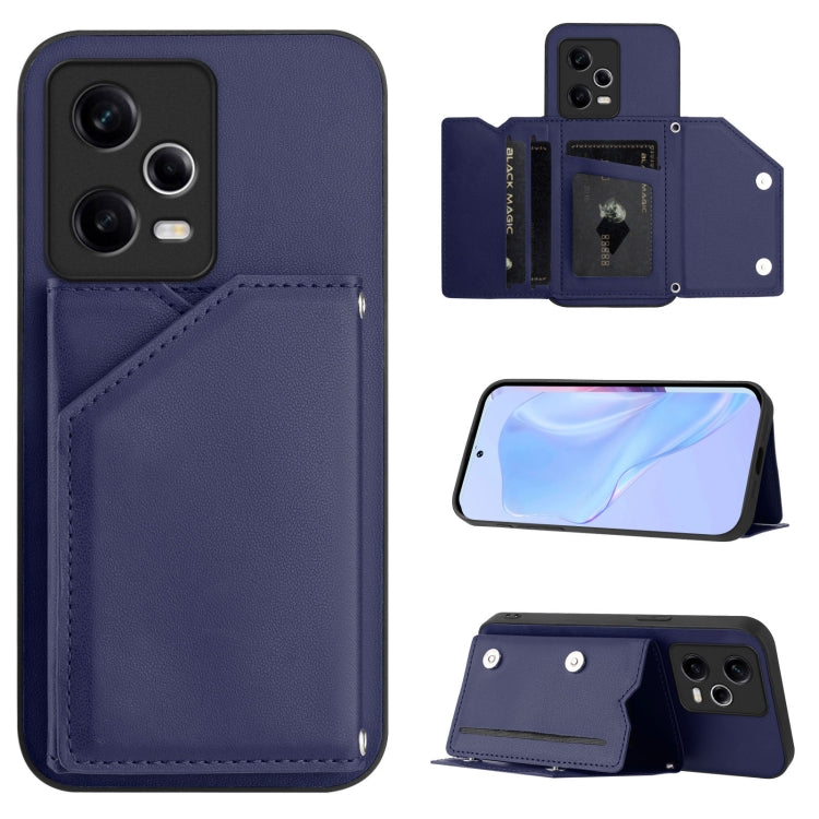 Leather-style phone case with wrist strap and four card slots, navy blue