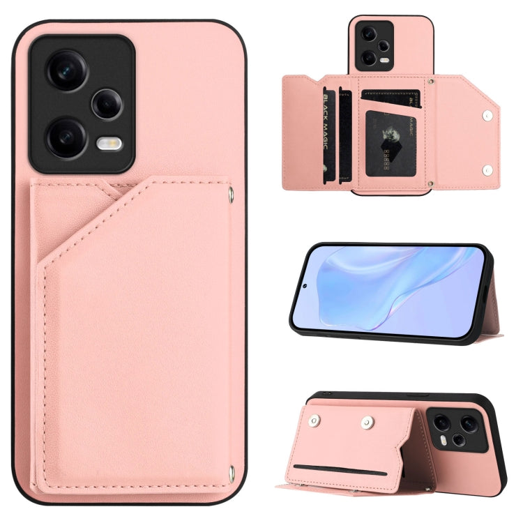 Pink phone case with four card slots and wrist strap, folio wallet design