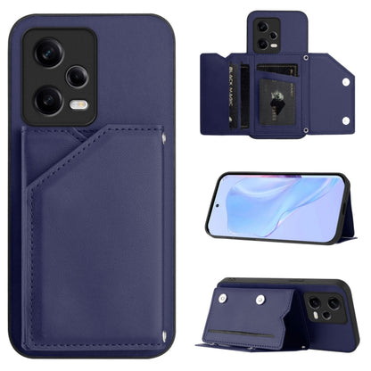 Blue phone case with four card slots and wrist strap, folio wallet design