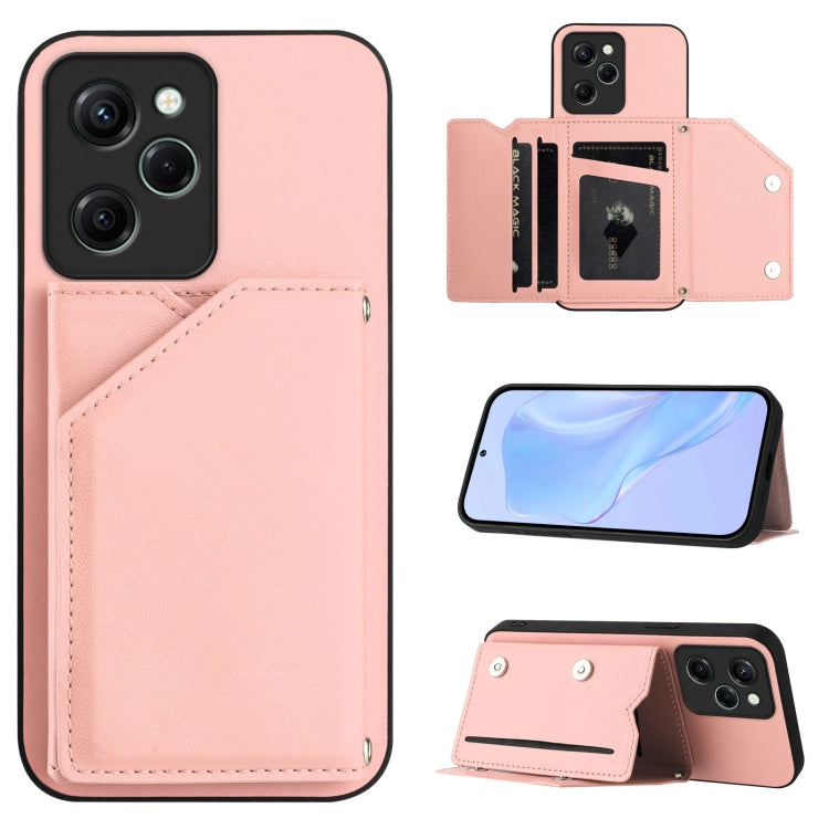 Pink wallet phone case with four card slots and wrist strap, card holder and camera cover.