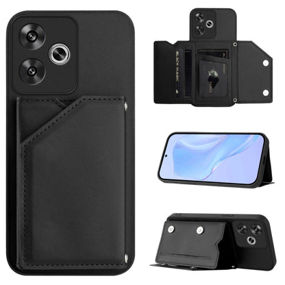 Black leather-look phone case with four card slots and wrist strap, card holder