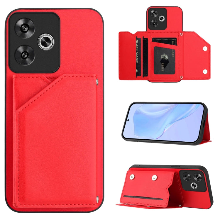 Red leather-style phone case with four card slots and wrist strap, raised camera cover