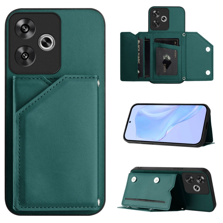 Green leather-style phone case with four card slots and wrist strap, raised camera cover