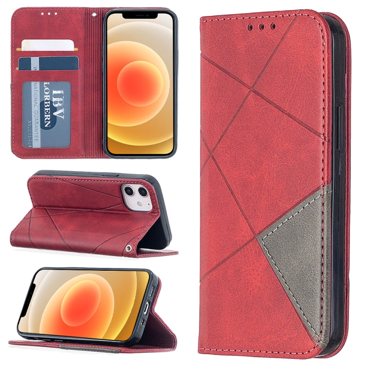 Red leather wallet phone case with rhombus texture, card slots, and flip cover