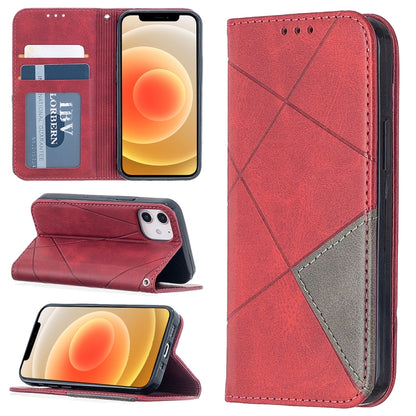 Red leather wallet phone case with rhombus texture, card slots, and flip cover