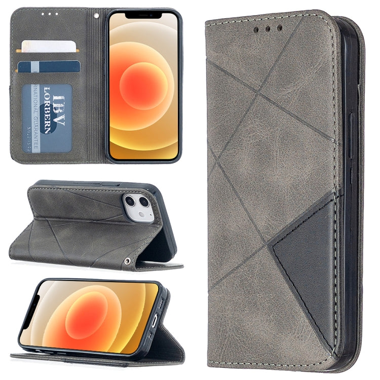 Grey leather wallet phone case with rhombus texture, card slots, and flip cover