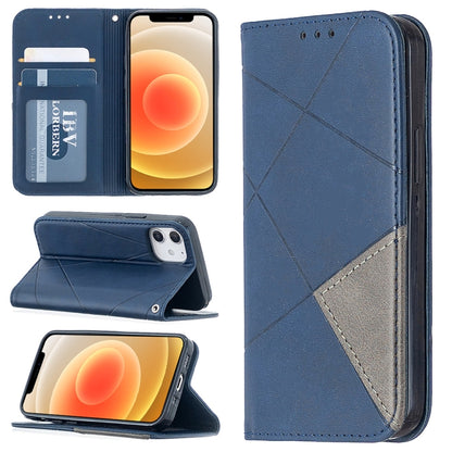 Blue rhombus-textured magnetic leather phone case with card slots and flip cover