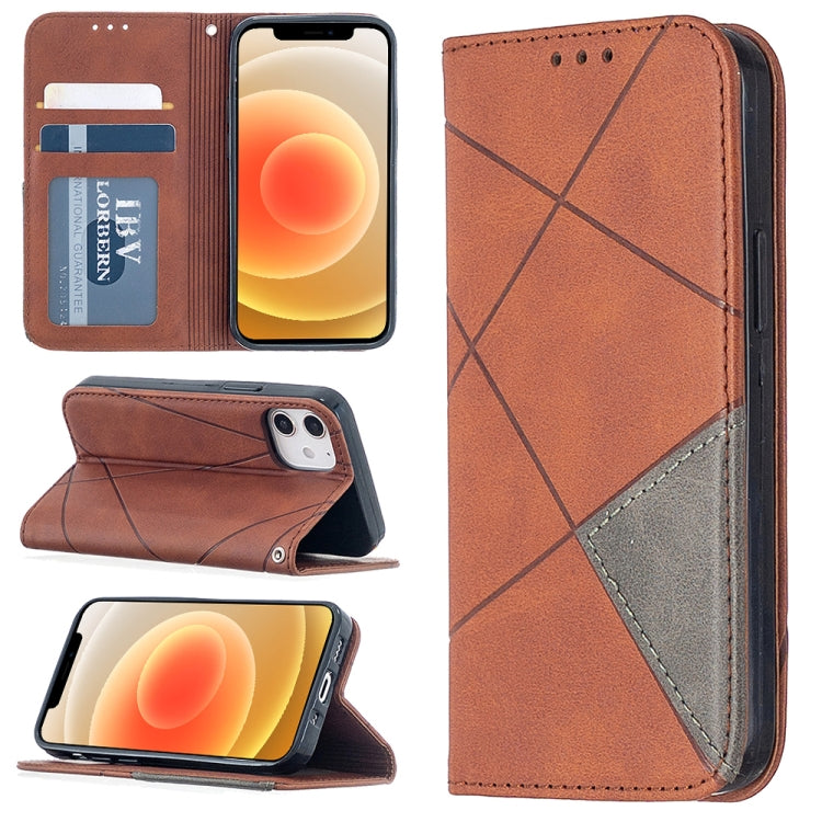 Tan/brown leather wallet phone case with rhombus texture, card slots, and flip cover