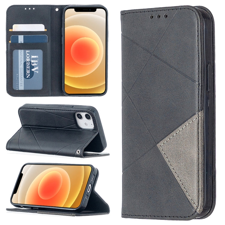 Black leather wallet phone case with rhombus texture, card slots, and flip cover