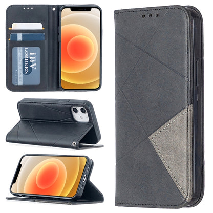 Black leather wallet phone case with rhombus texture, card slots, and flip cover