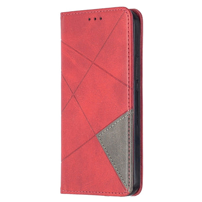 Red leather flip phone case with rhombus texture and card-slot front