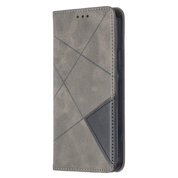 Grey leather flip phone case with rhombus texture and card-slot front