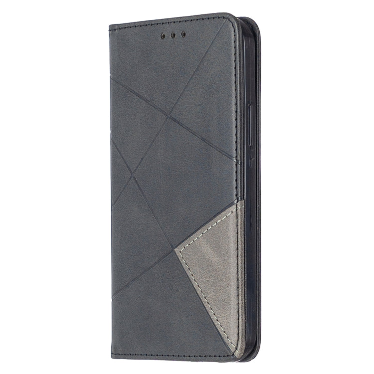 Grey rhombus-textured magnetic leather phone case with horizontal flip cover