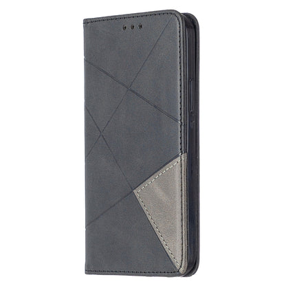 Grey rhombus-textured magnetic leather phone case with horizontal flip cover