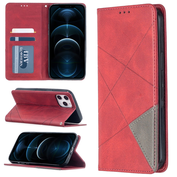 Red rhombus-textured magnetic leather phone case with card slots and flip cover