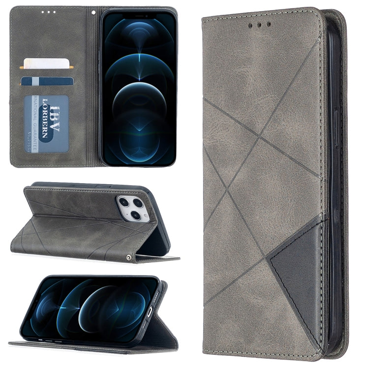 Grey rhombus-textured magnetic leather phone case with card slots and flip cover