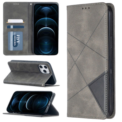 Grey rhombus-textured magnetic leather phone case with card slots and flip cover