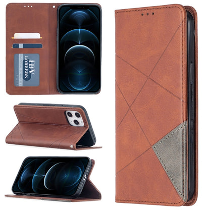 Brown rhombus-textured magnetic leather phone case with card slots and flip cover