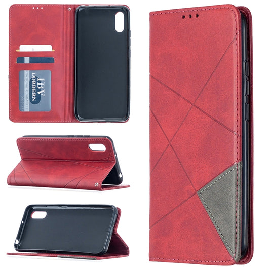 Red flip phone case with magnetic closure, card slots, and diamond textured pattern