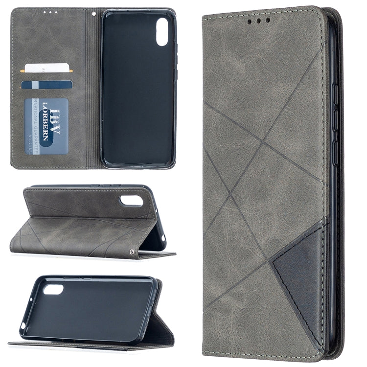 Grey flip phone case with magnetic closure, card slots, and diamond texture