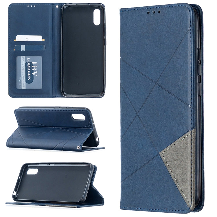 Blue rhombus-textured magnetic leather phone case with card slots and flip cover
