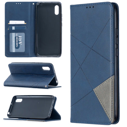 Blue rhombus-textured magnetic leather phone case with card slots and flip cover