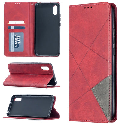 Red leather wallet phone case with rhombus texture, card slots, and flip cover
