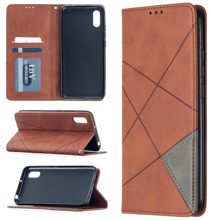 Brown leather wallet phone case with rhombus texture, card slots, and flip cover