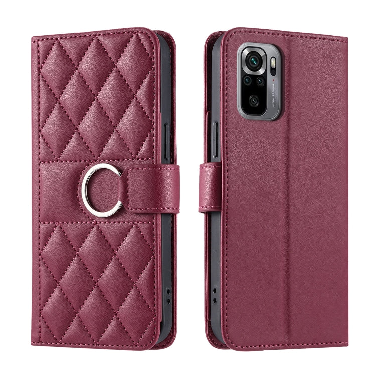 Rose red quilted leather phone case with rhombic pattern, ring strap and magnetic flap