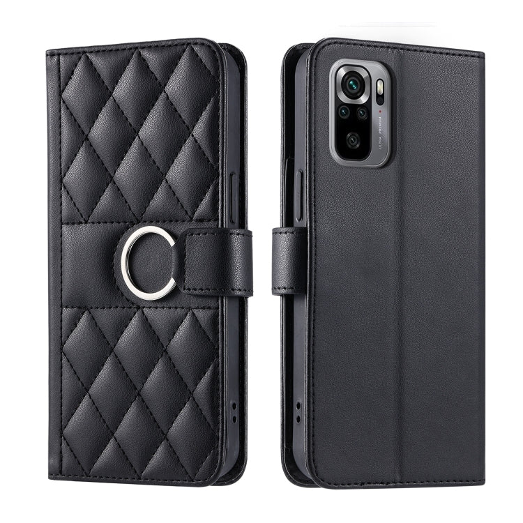 Black quilted leather phone case with rhombic pattern, ring strap and magnetic flap